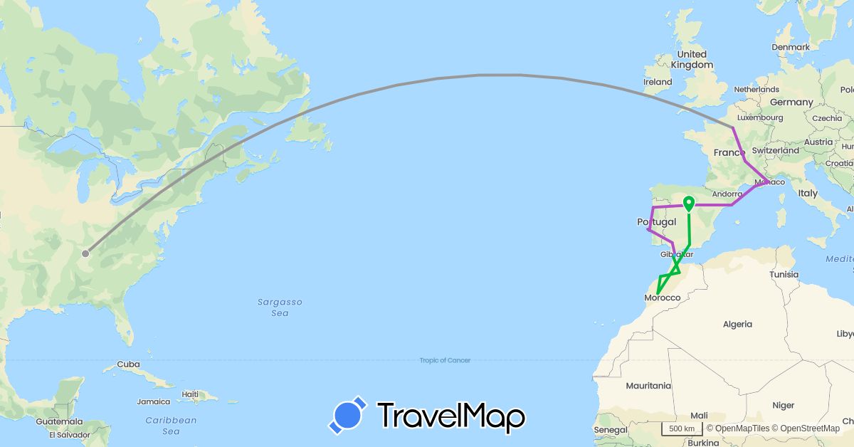 TravelMap itinerary: driving, bus, plane, train, boat in Spain, France, Morocco, Portugal, United States (Africa, Europe, North America)